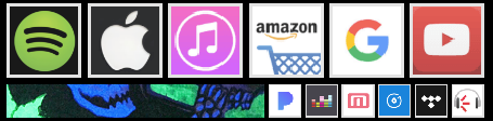 Icons of online music providers where Lord Scum music can be found: Spotify, Apple Music, Amazon, Google Play, YouTube.