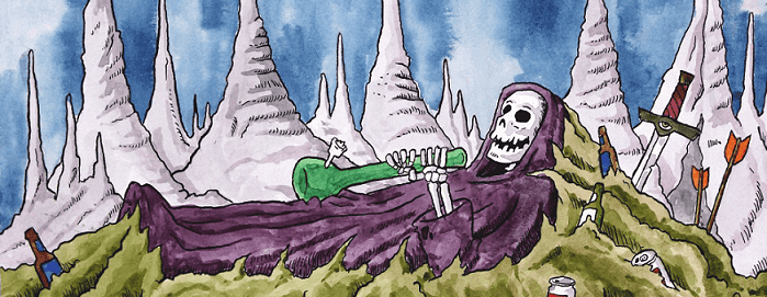 Our skeleton cultist rests his hooded skull, bong in hand, upon a pile of scum deep within the cavern of Lord Scum.