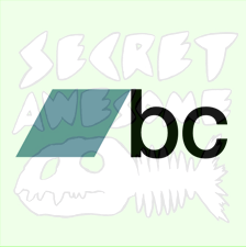 The Secret Awesome logo behind the bandcamp logo. A fish skeleton with a humanoid head behind a parallelagram with the letters b c.