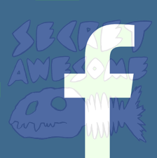 The Secret Awesome logo behind the Facebook logo. A fish skeleton with a humanoid head behind a lowercase f